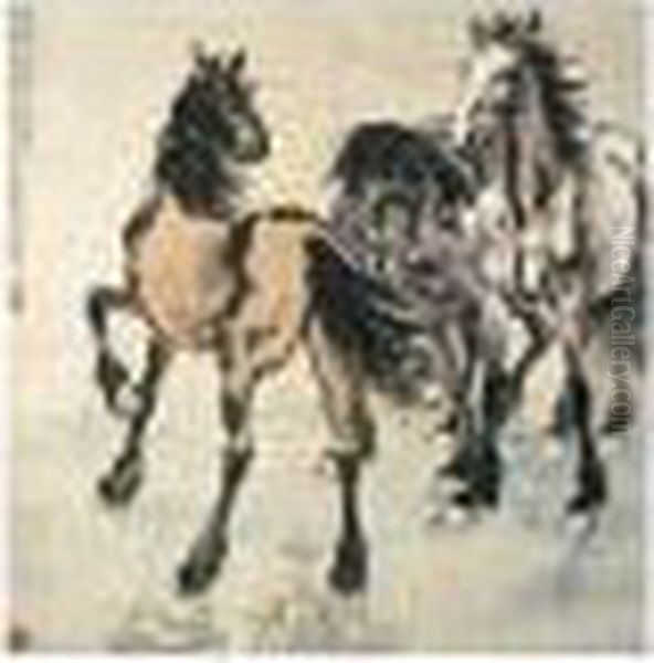 Three Horses Oil Painting by Xu Beihong