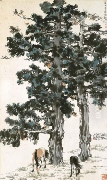 Two Horses Under Pine Trees Oil Painting by Xu Beihong