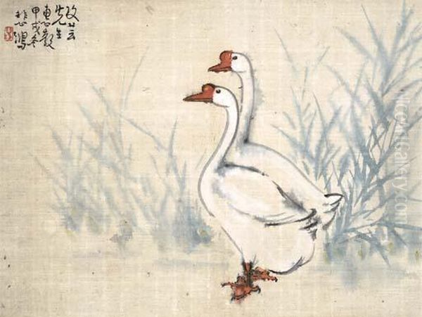 A Pair Of Geese Oil Painting by Xu Beihong