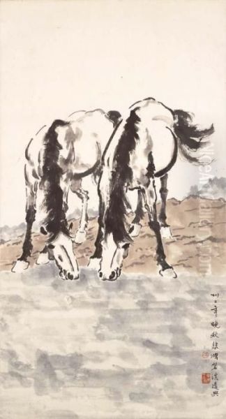 Two Horses Oil Painting by Xu Beihong