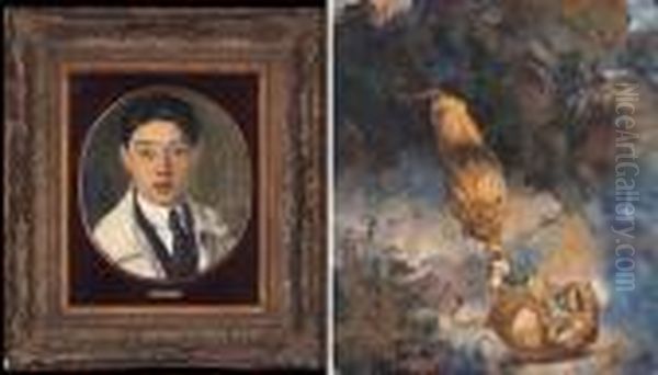 Artist's Self-portrait-cavorting Lions Oil Painting by Xu Beihong