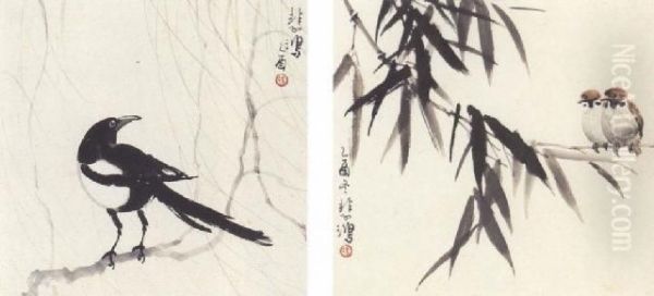 Sparrows; Magpie Oil Painting by Xu Beihong