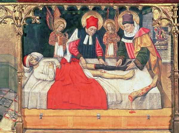 SS Cosmas and Damian graft the leg of a Black person onto the stump of deacon Justinian Oil Painting by Jaume Huguet