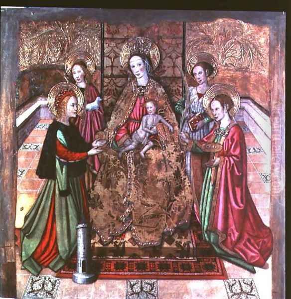 The Virgin and Child with St Ines and St Barbara Oil Painting by Jaume Huguet