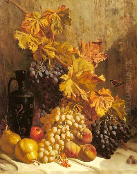 A Still Life with Grapes, Pears, Peaches, an Urn and a Butterfly Oil Painting by William Hughes