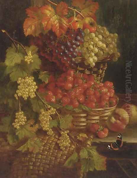 Grapes, strawberries, whitecurrants, peaches, and a red admiral butterfly, on a wooden ledge Oil Painting by William Hughes