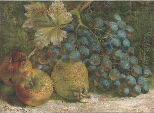 Apples, a pear and a bunch of grapes on a mossy bank Oil Painting by William Hughes