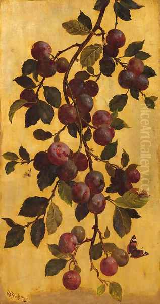 A branch with plums against a gold background Oil Painting by William Hughes