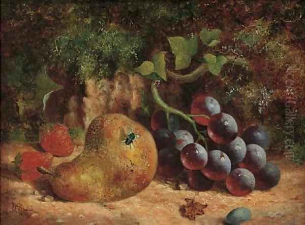 A pear, strawberries and grapes on a mossy bank Oil Painting by William Hughes