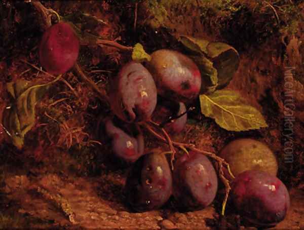 Plums on a mossy bank Oil Painting by William Hughes