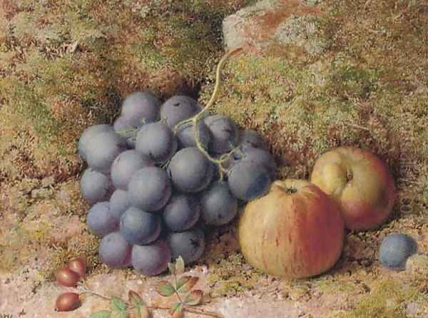 Still life of grapes and an apple on a mossy bank Oil Painting by William Hughes