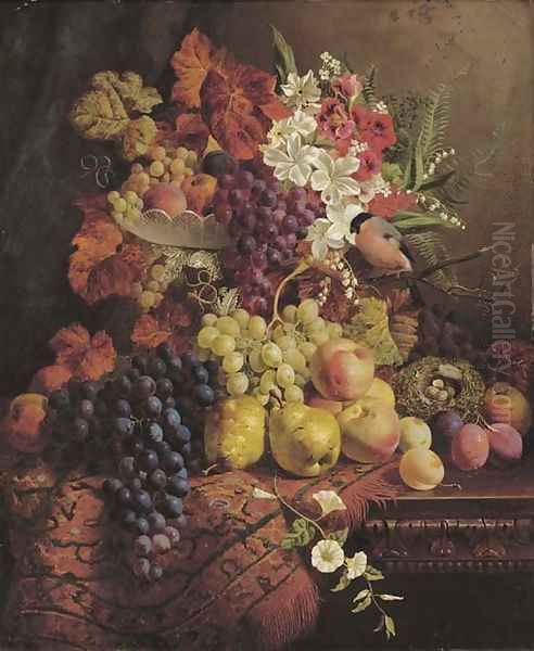 Flowers, fruit, a bullfinch and its nest Oil Painting by William Hughes