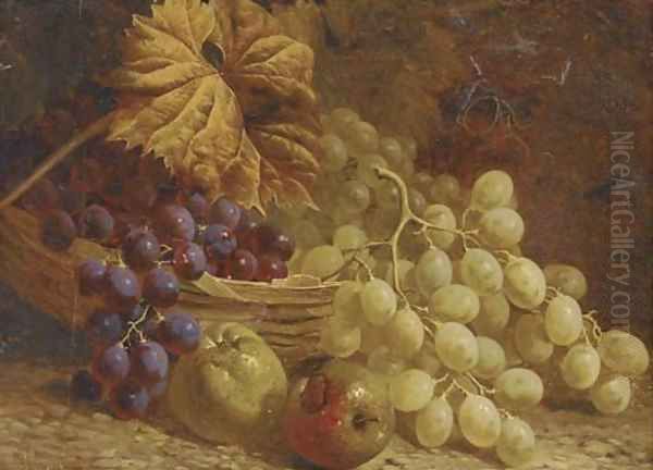 Grapes, apples and a wicker basket Oil Painting by William Hughes