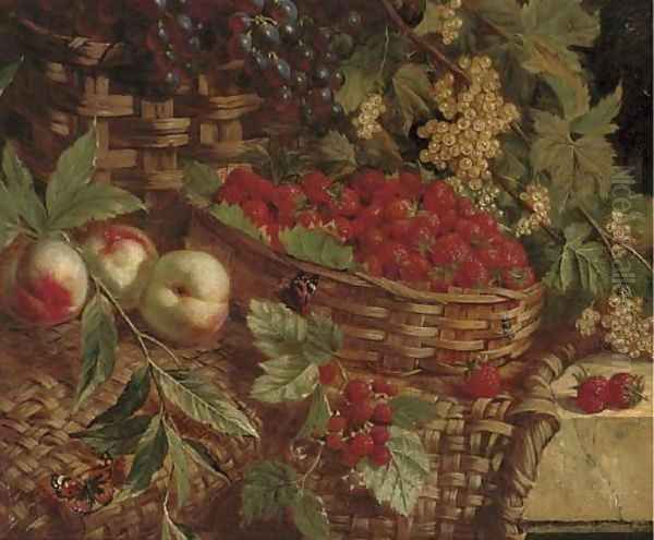 Strawberries, raspberries, grapes, peaches and elderberries in wicker baskets on a stone ledge Oil Painting by William Hughes