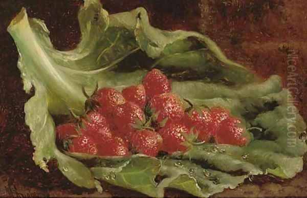 Strawberries on a leaf Oil Painting by William Hughes