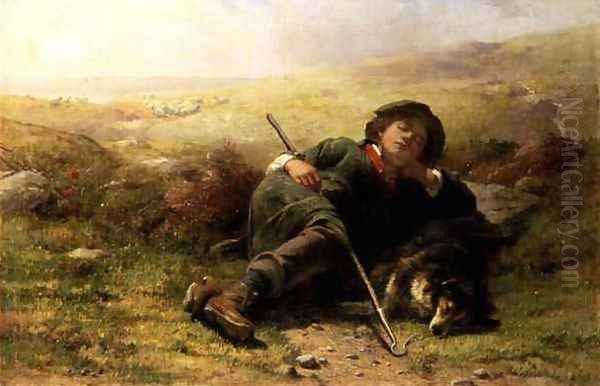 A Shepherd Boy and His Sheep Dog Neglecting Their Duty Oil Painting by James John Hill