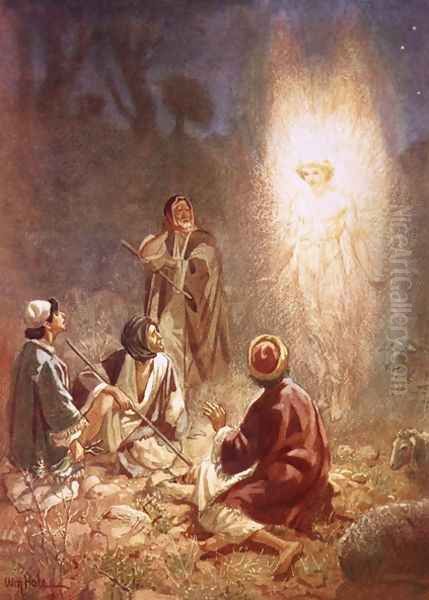 An angel announcing to the shepherds of Bethlehem the birth of Jesus Oil Painting by William Brassey Hole