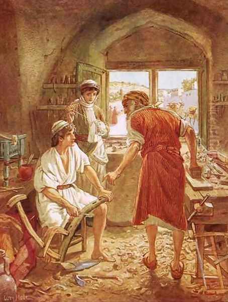 Christ working with Joseph as a carpenter Oil Painting by William Brassey Hole