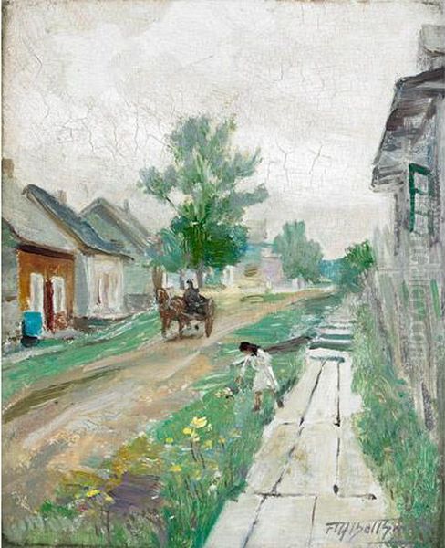 Village Roadway Oil Painting by Frederic Marlett Bell-Smith