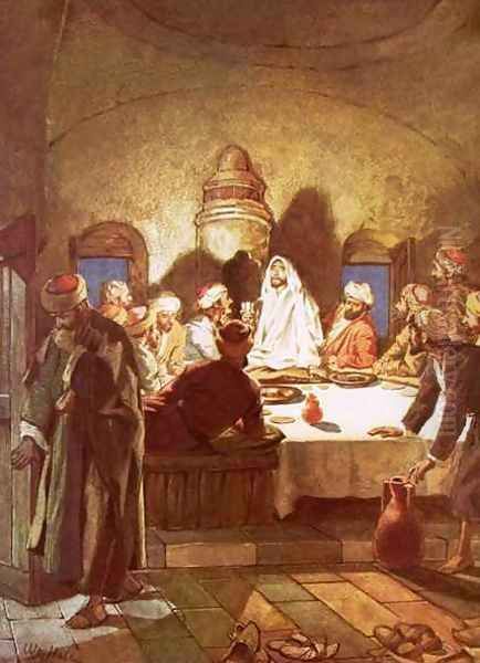 Jesus breaking bread and giving his disciples the cup Oil Painting by William Brassey Hole