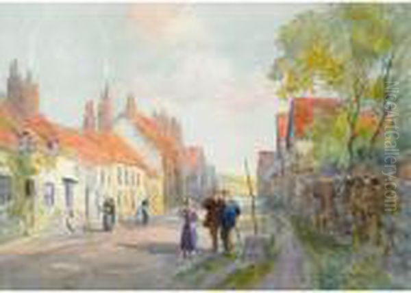 Figures On An English High Street Oil Painting by Frederic Marlett Bell-Smith