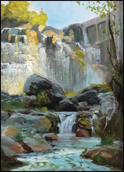 Waterfall In Shade Oil Painting by Frederic Marlett Bell-Smith