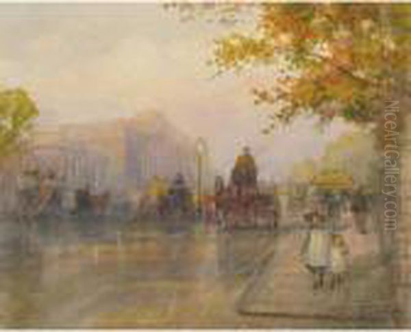 A London Street Scene With Horse-drawn Vehicles Oil Painting by Frederic Marlett Bell-Smith