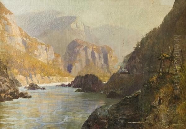 Train Passing Through The Fraser Canyon Nearan Indian Fishing Place Oil Painting by Frederic Marlett Bell-Smith