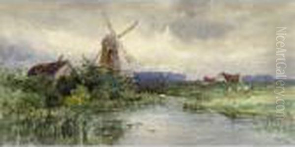 Windmill With Cows Grazing By A Stream; 1893 Oil Painting by Frederic Marlett Bell-Smith