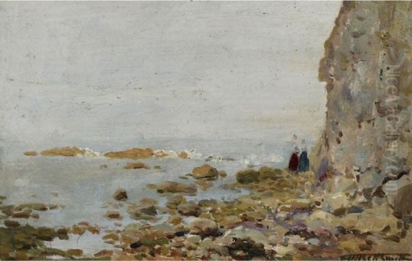 Rocky Coast With Two Figures Oil Painting by Frederic Marlett Bell-Smith