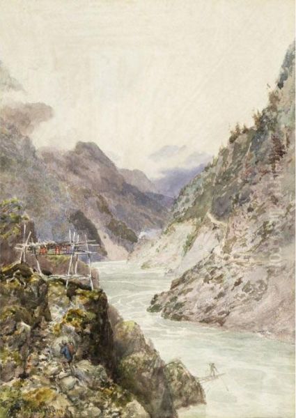 Indian Fishing - Platform Drying Rack, Fraser River Oil Painting by Frederic Marlett Bell-Smith