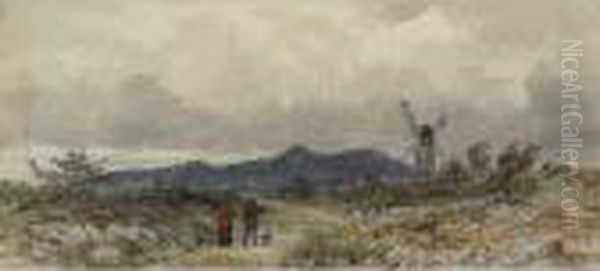 Figures Walking Along A Path With A Windmill In The Distance Oil Painting by Frederic Marlett Bell-Smith