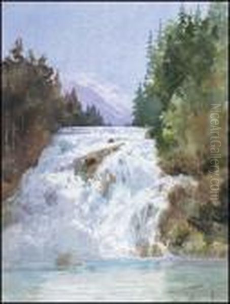 Glacier Waterfall In The Rockies Oil Painting by Frederic Marlett Bell-Smith