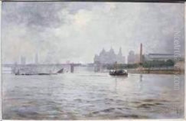 Grey Day On The Thames Oil Painting by Frederic Marlett Bell-Smith