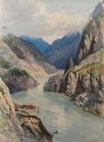 Indian Fishing Platform In The Fraser Canyon Oil Painting by Frederic Marlett Bell-Smith