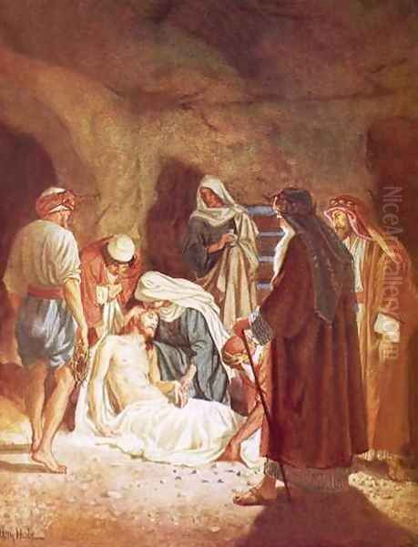 Joseph of Arimathaea lying the body of Jesus in his own tomb Oil Painting by William Brassey Hole