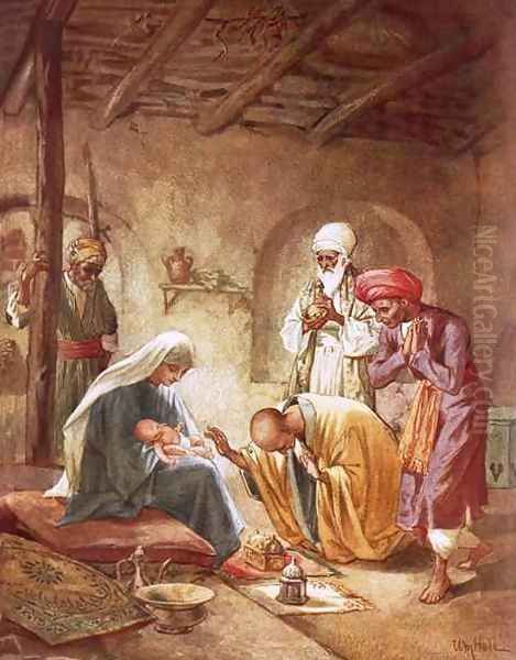 Three kings worshipping Christ Oil Painting by William Brassey Hole