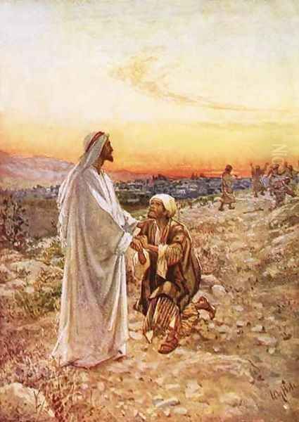 Jesus withe the one leper who returned to give thanks Oil Painting by William Brassey Hole