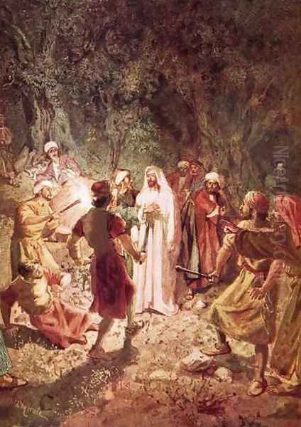 Judas betraying Jesus with a kiss in the garden of Gethsemane Oil Painting by William Brassey Hole