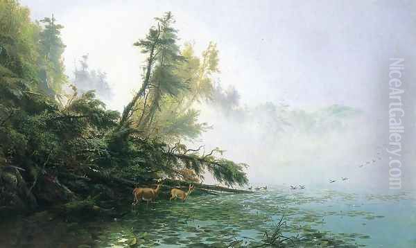 Misty Morning on Racket Lake Oil Painting by James McDougal Hart