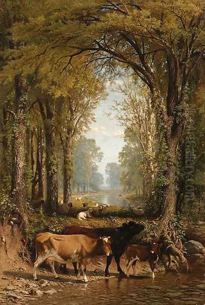 Cows and Sheep by a Stream Oil Painting by James McDougal Hart