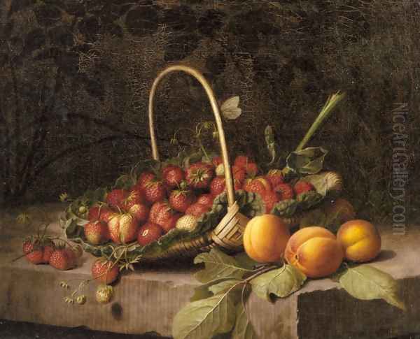 A Basket of Strawberries and Peaches on a Stone Ledge Oil Painting by William Hammer