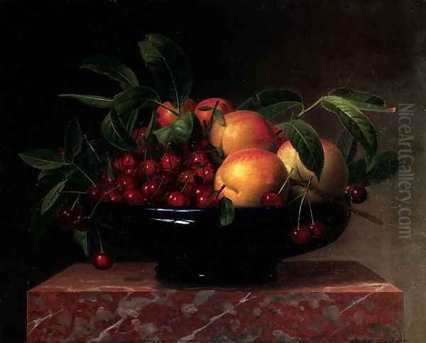 Peaches And Cherries In A Bowl On A Marble Ledge Oil Painting by William Hammer