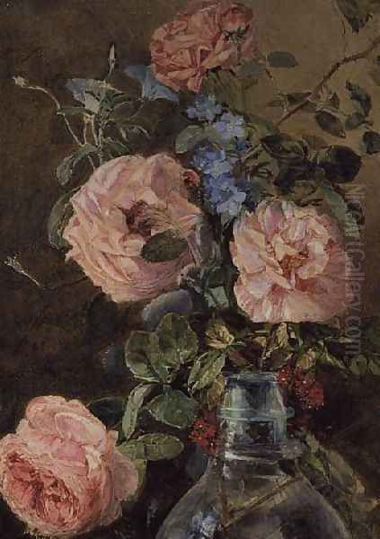 Roses Convolvulus and Delphiniums Oil Painting by James Holland