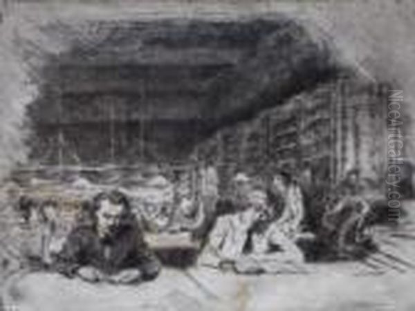 <new York> [scene De Bibliotheque] Oil Painting by George Wesley Bellows