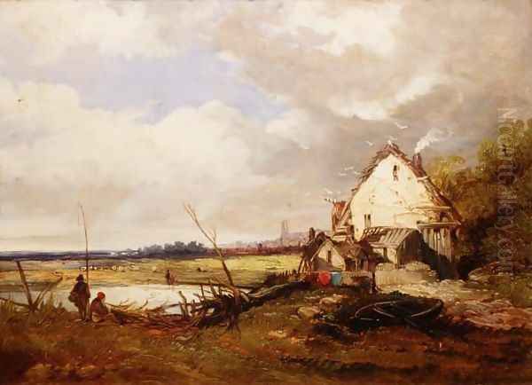 Anglers by a Cottage on a River Bank Oil Painting by James Holland