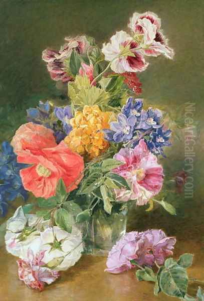 Roses Poppy and Pelargonia Oil Painting by James Holland