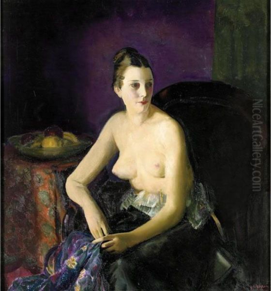 Nude Girl With Fruit (seated Semi-nude) Oil Painting by George Wesley Bellows