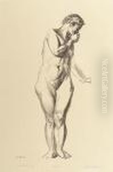 Nude Study; Girl Standing With Hand Raised To Mouth Oil Painting by George Wesley Bellows