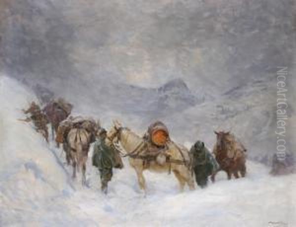 Grande Guerra - I Rifornimenti In Alta Montagna Oil Painting by Achille Beltrame